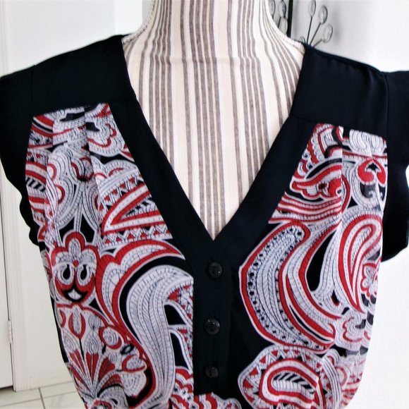 Enfocus Studio Chiffon Navy Blue Red White Paisley Print V-Neck Dress Sz 4 / S - Picture 3 of 15